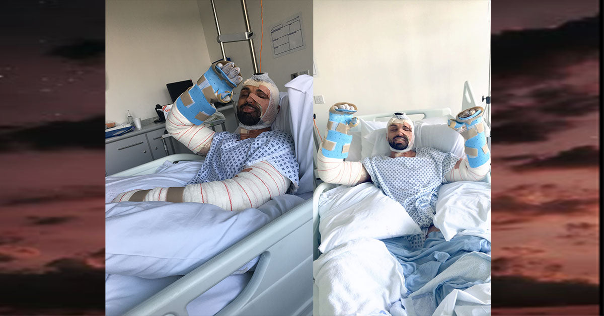 Khuram Rana Burns picture in Chelsea West Minister after trying to save mum in house fire. Skin Grafting and plastic surgery .Fit Life London Personal Trainer and Survivor Mental Health awareness.  Personal Training in West London Southall UB1 at VIP studio 4 mins away from Southall Station with Free Parking Person in a hospital bed with bandaged arms and legs, surrounded by medical equipment.