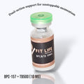 Vial labeled 'Fit Life Peptides' with text about dual-action support BPC 157 TB500