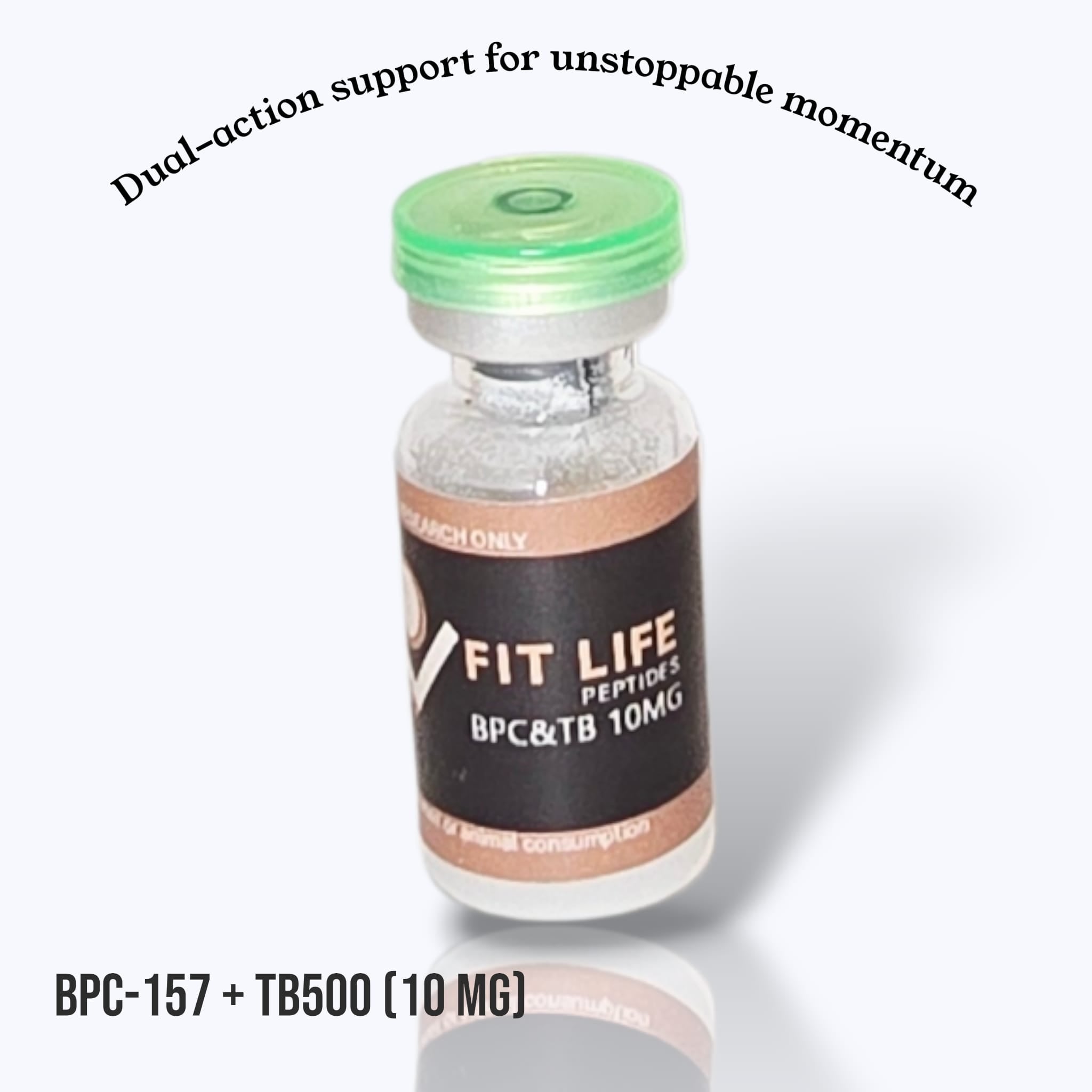 Vial labeled 'Fit Life Peptides' with text about dual-action support on a white background
